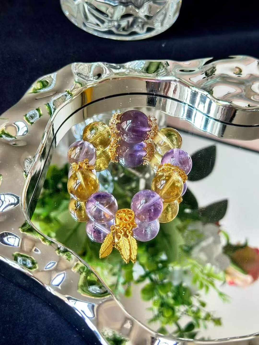 Fire · Earth Element · Golden Amethyst Crystal Bracelet · Amethyst, Brazilian Citrine & Golden Feather for Wisdom, Prosperity & Personal Growth