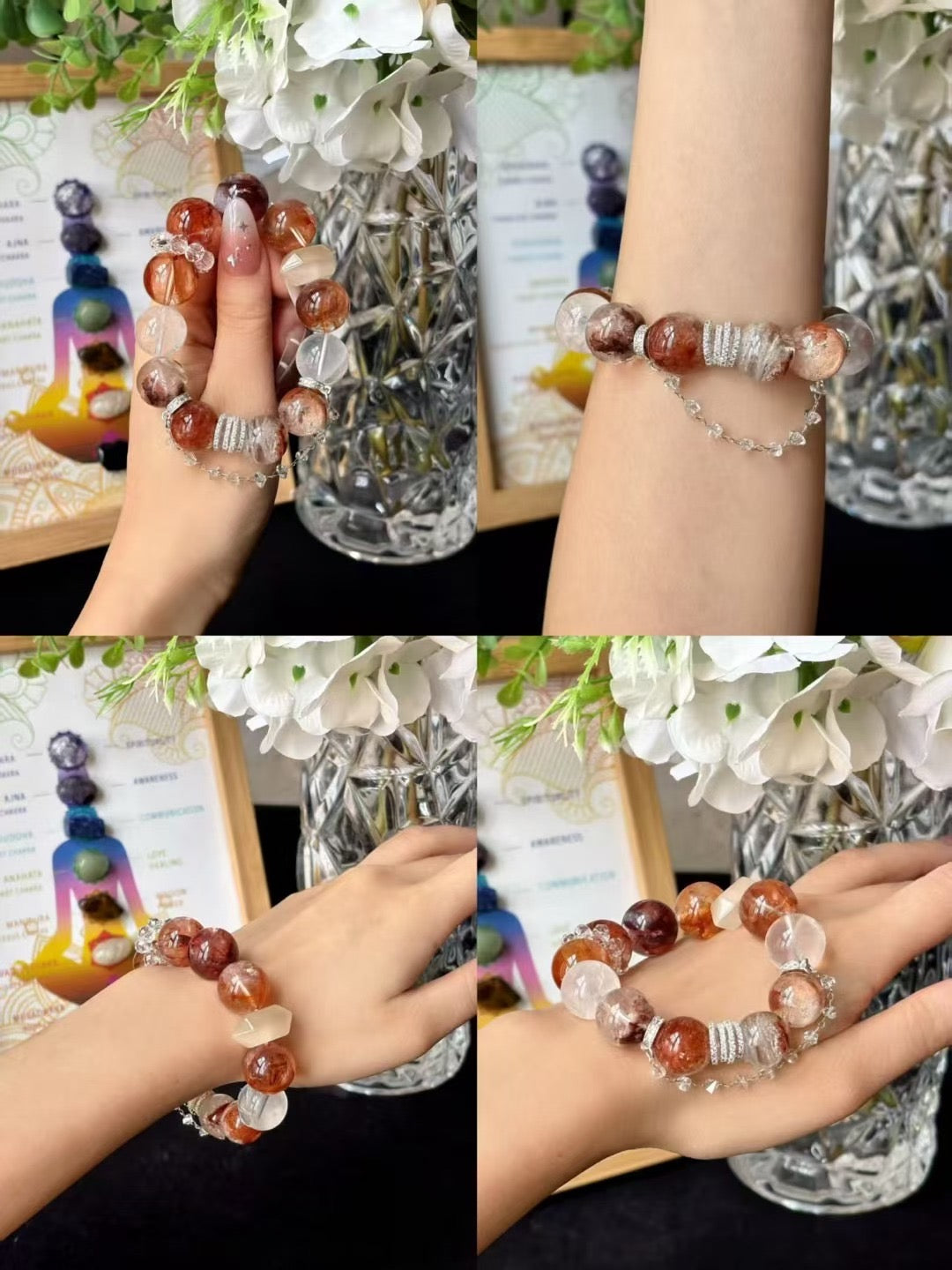 Metal · Fire · Wood Element · Fish Leaps Over the Dragon Gate Crystal Bracelet · Red Flower Agate, Four Seasons Phantom Quartz & Clear Quartz for Career Growth, Wealth & Transformation