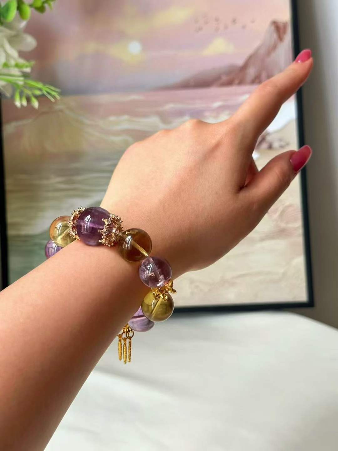 Fire · Earth Element · Golden Amethyst Crystal Bracelet · Amethyst, Brazilian Citrine & Golden Feather for Wisdom, Prosperity & Personal Growth