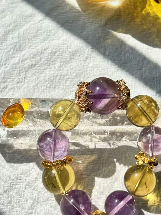 Fire · Earth Element · Golden Amethyst Crystal Bracelet · Amethyst, Brazilian Citrine & Golden Feather for Wisdom, Prosperity & Personal Growth