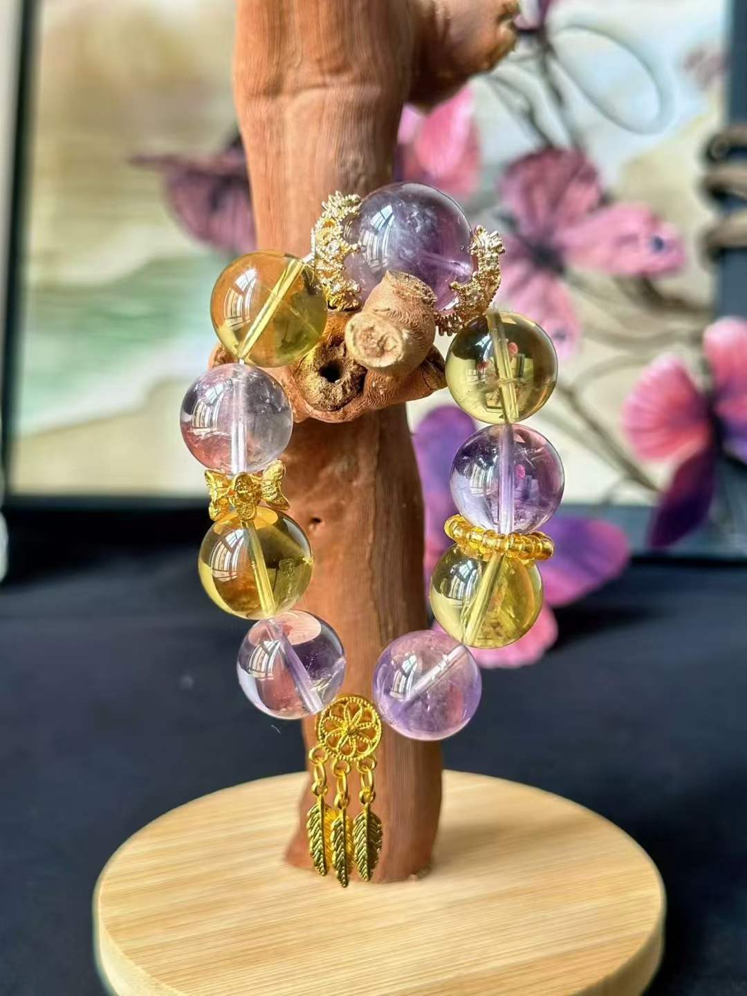 Fire · Earth Element · Golden Amethyst Crystal Bracelet · Amethyst, Brazilian Citrine & Golden Feather for Wisdom, Prosperity & Personal Growth