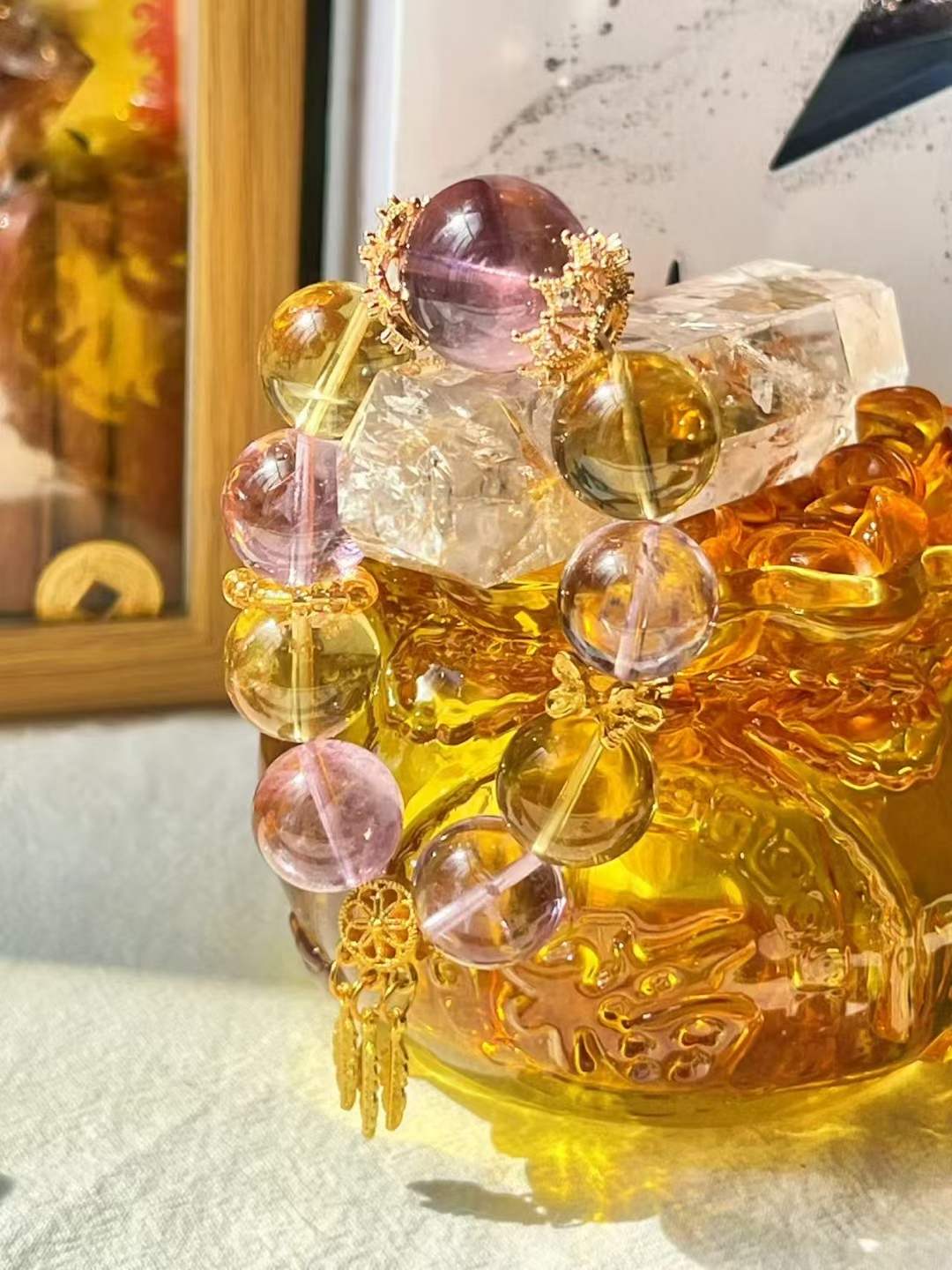 Fire · Earth Element · Golden Amethyst Crystal Bracelet · Amethyst, Brazilian Citrine & Golden Feather for Wisdom, Prosperity & Personal Growth