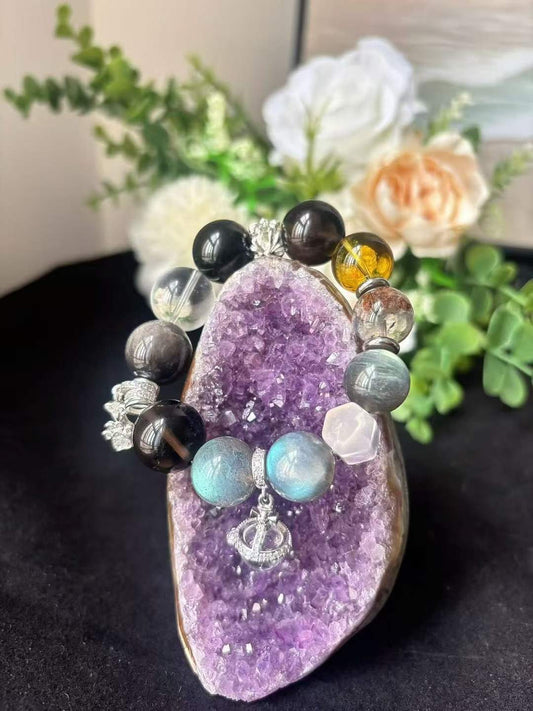 Water · Wood Element · Planet Walk Crystal Bracelet · Grey Moonstone, Garden Phantom Quartz, Brazilian Citrine & Obsidian for Love, Prosperity & Protection