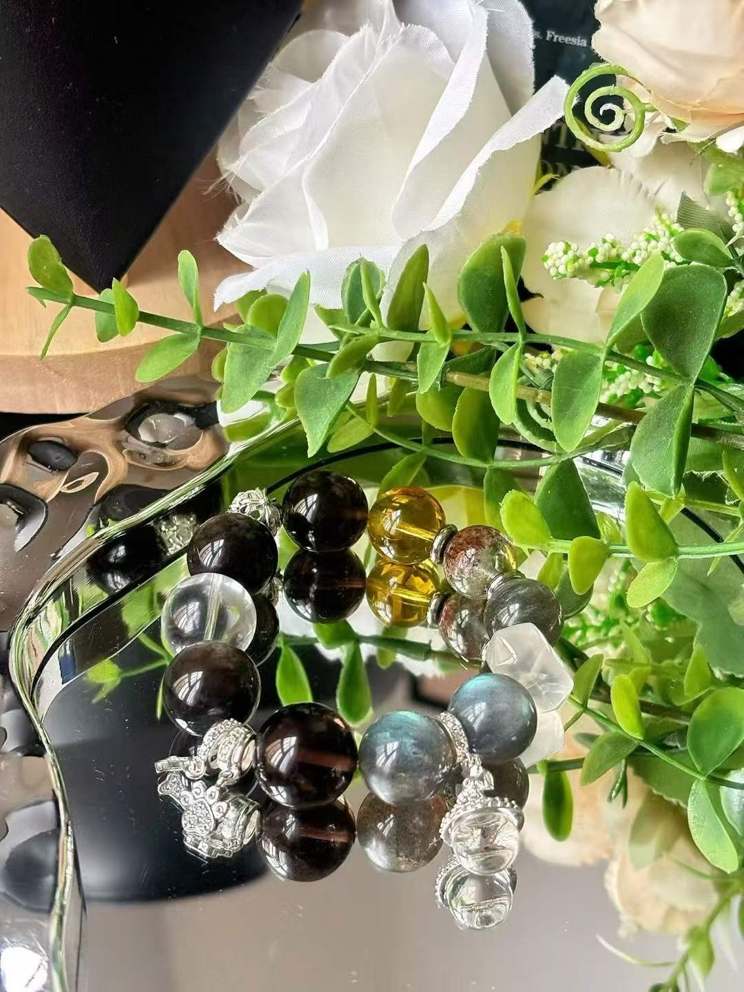 Water · Wood Element · Planet Walk Crystal Bracelet · Grey Moonstone, Garden Phantom Quartz, Brazilian Citrine & Obsidian for Love, Prosperity & Protection