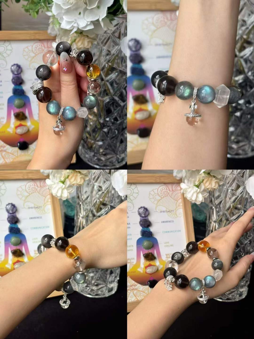 Water · Wood Element · Planet Walk Crystal Bracelet · Grey Moonstone, Garden Phantom Quartz, Brazilian Citrine & Obsidian for Love, Prosperity & Protection