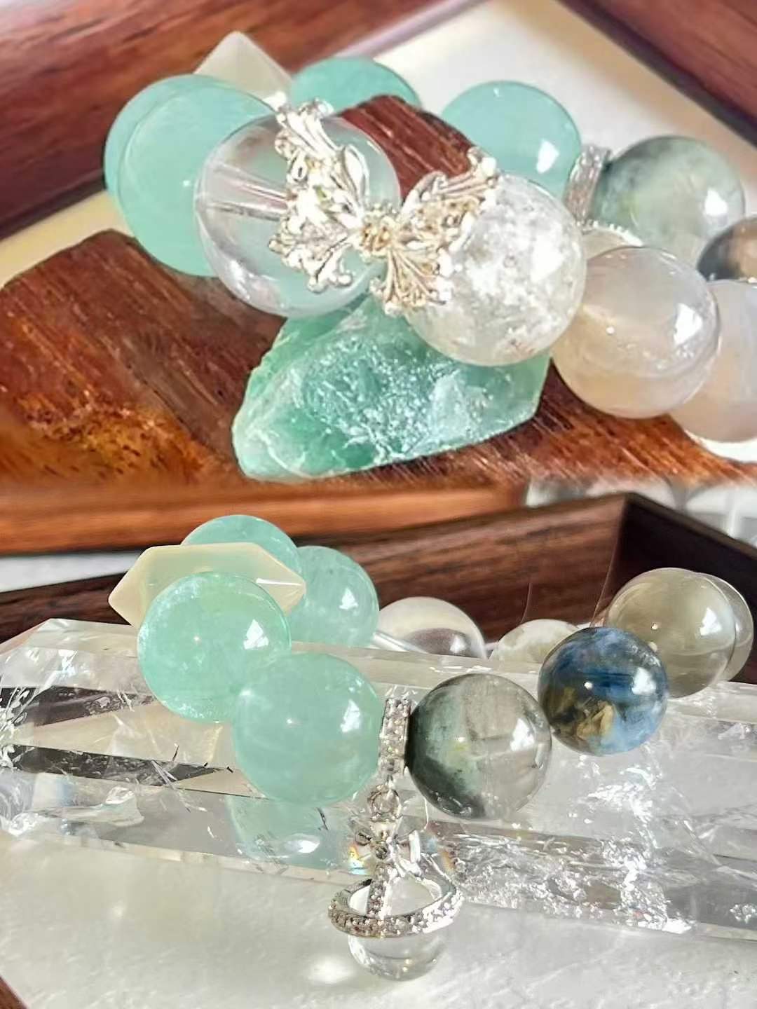 Metal · Water · Wood Element · Wilderness Secret Garden Crystal Bracelet · Moonstone, Green Phantom Quartz & Clear Quartz for Growth, Intuition & Positive Energy