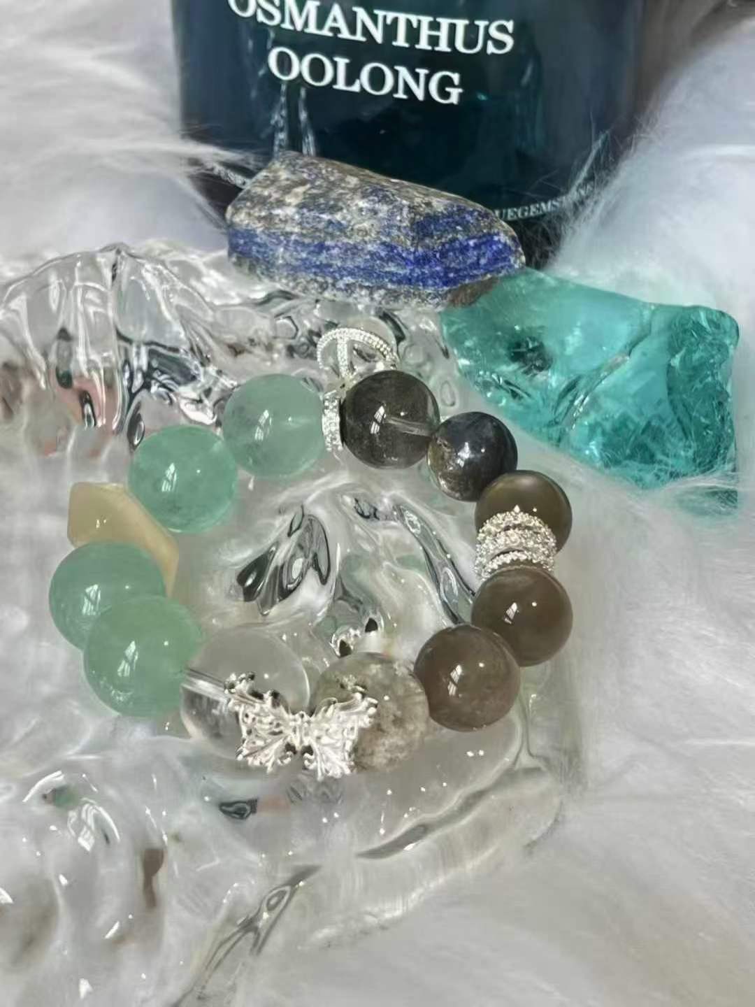Metal · Water · Wood Element · Wilderness Secret Garden Crystal Bracelet · Moonstone, Green Phantom Quartz & Clear Quartz for Growth, Intuition & Positive Energy