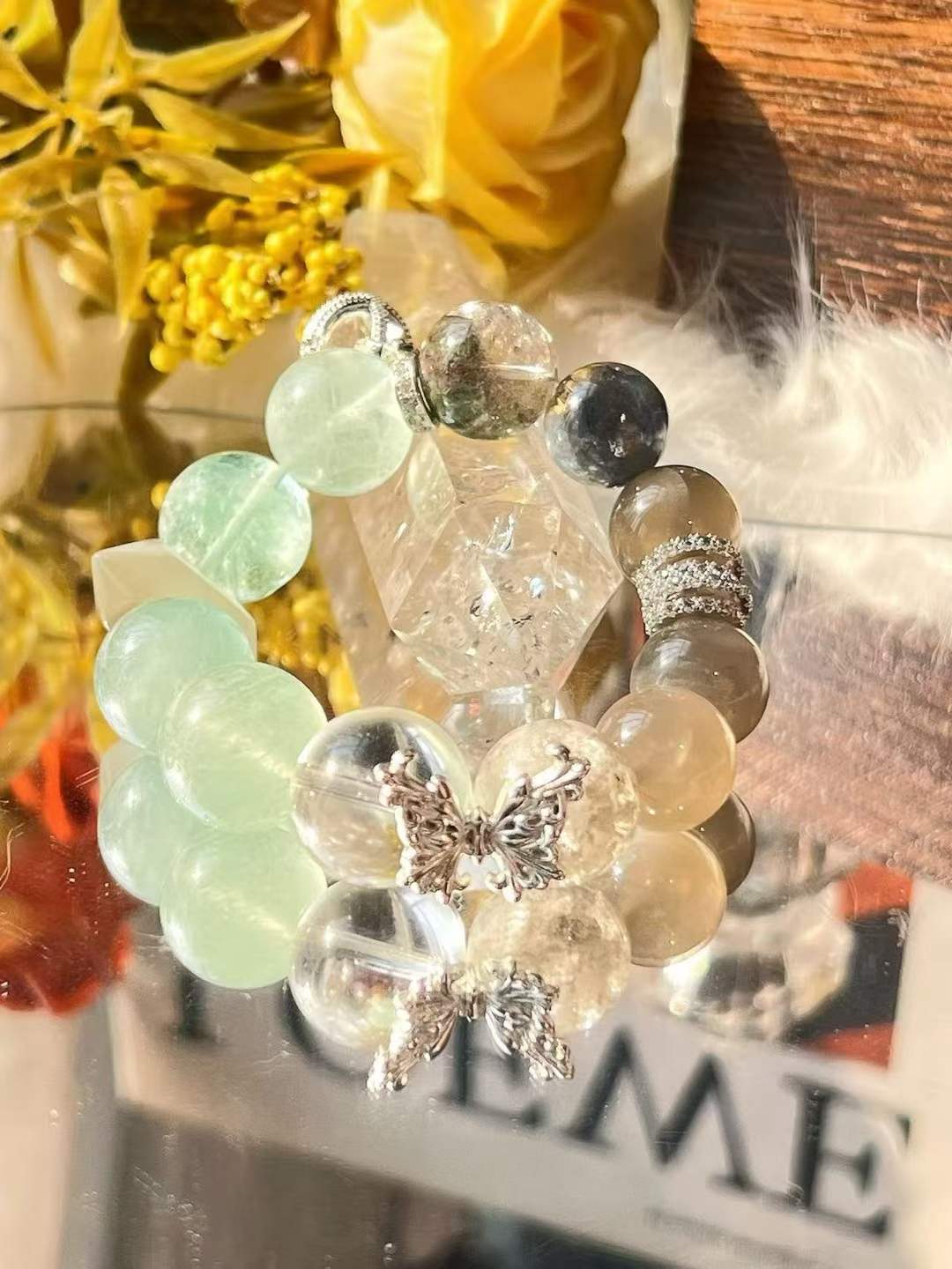 Metal · Water · Wood Element · Wilderness Secret Garden Crystal Bracelet · Moonstone, Green Phantom Quartz & Clear Quartz for Growth, Intuition & Positive Energy