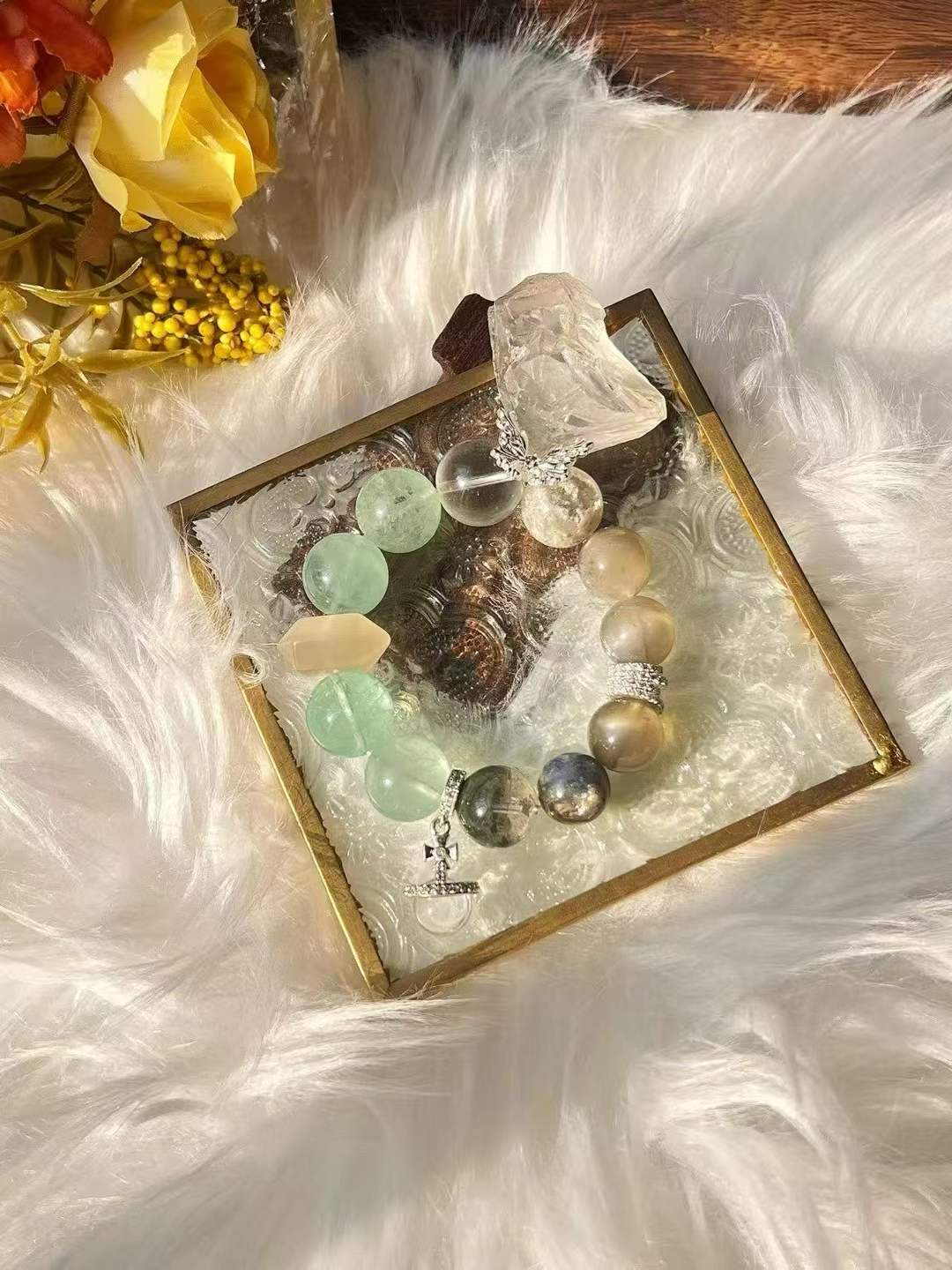 Metal · Water · Wood Element · Wilderness Secret Garden Crystal Bracelet · Moonstone, Green Phantom Quartz & Clear Quartz for Growth, Intuition & Positive Energy