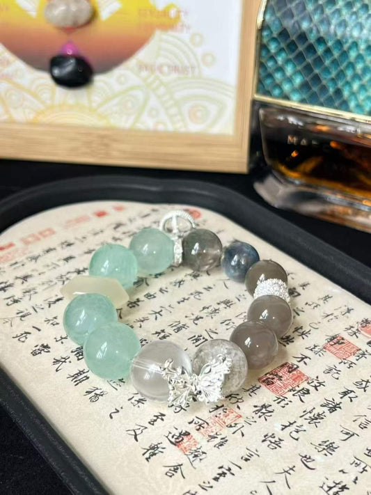 Metal · Water · Wood Element · Wilderness Secret Garden Crystal Bracelet · Moonstone, Green Phantom Quartz & Clear Quartz for Growth, Intuition & Positive Energy