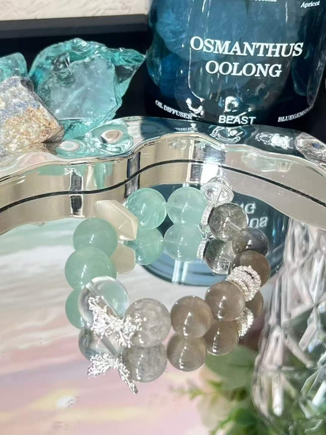 Metal · Water · Wood Element · Wilderness Secret Garden Crystal Bracelet · Moonstone, Green Phantom Quartz & Clear Quartz for Growth, Intuition & Positive Energy
