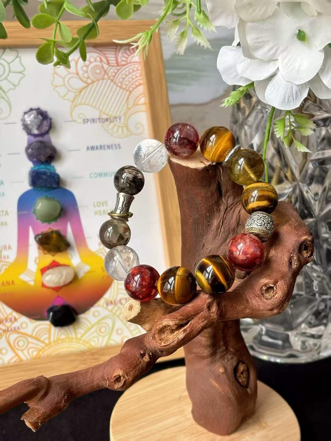 Metal · Fire · Wood · Earth Element · Turning Fortune Crystal Bracelet · Green Phantom Quartz, Citrine & Red Flower Agate for Wealth, Career Success & Protection