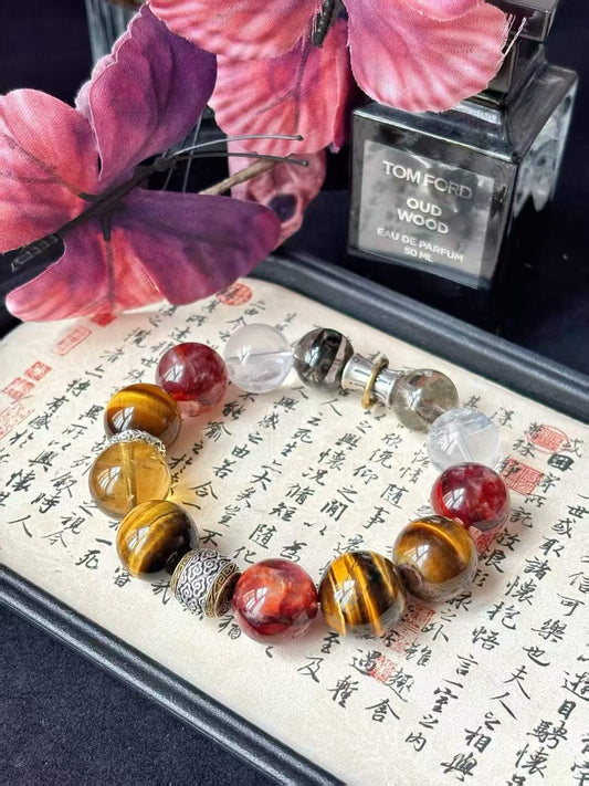 Metal · Fire · Wood · Earth Element · Turning Fortune Crystal Bracelet · Green Phantom Quartz, Citrine & Red Flower Agate for Wealth, Career Success & Protection