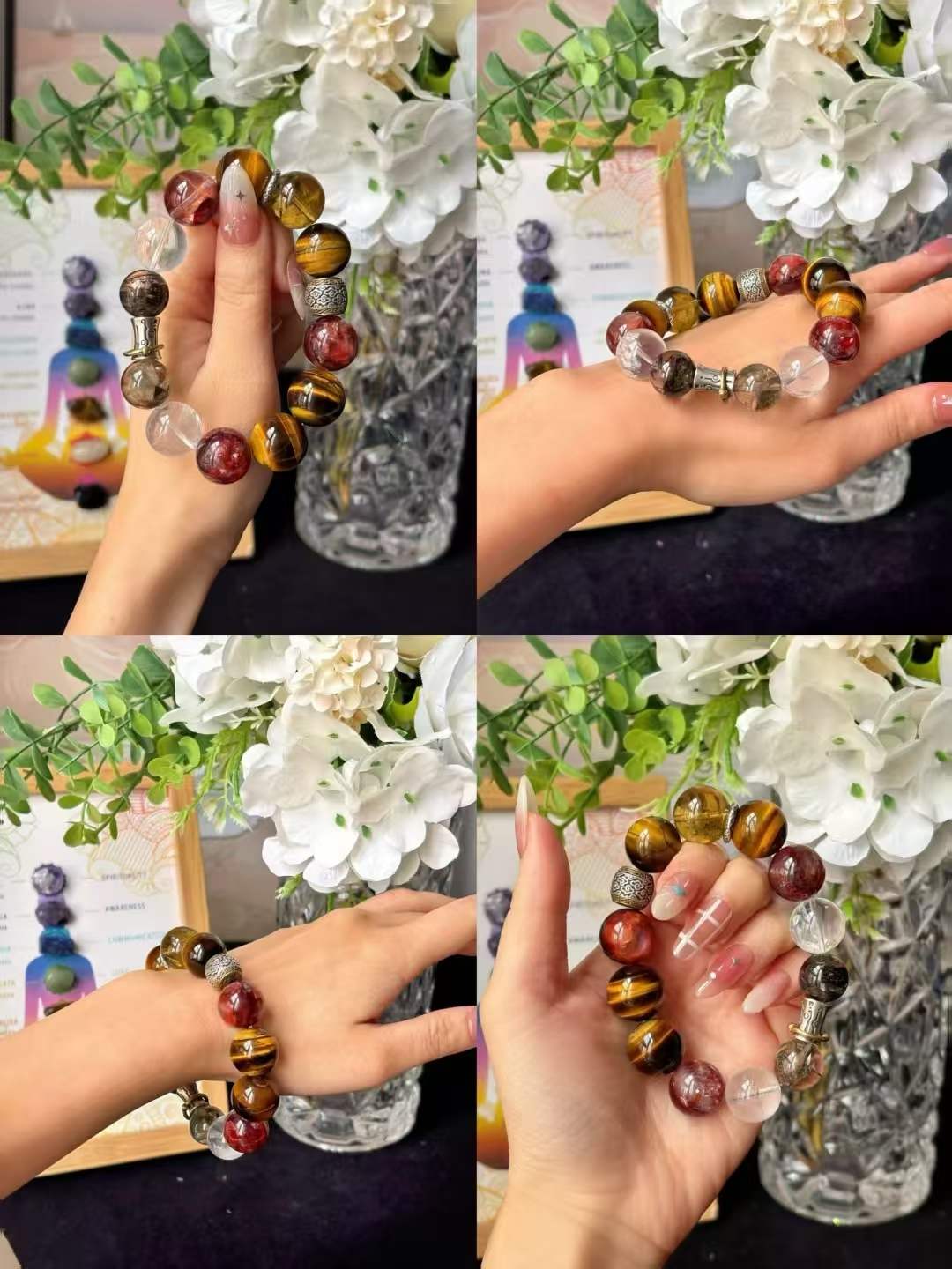 Metal · Fire · Wood · Earth Element · Turning Fortune Crystal Bracelet · Green Phantom Quartz, Citrine & Red Flower Agate for Wealth, Career Success & Protection