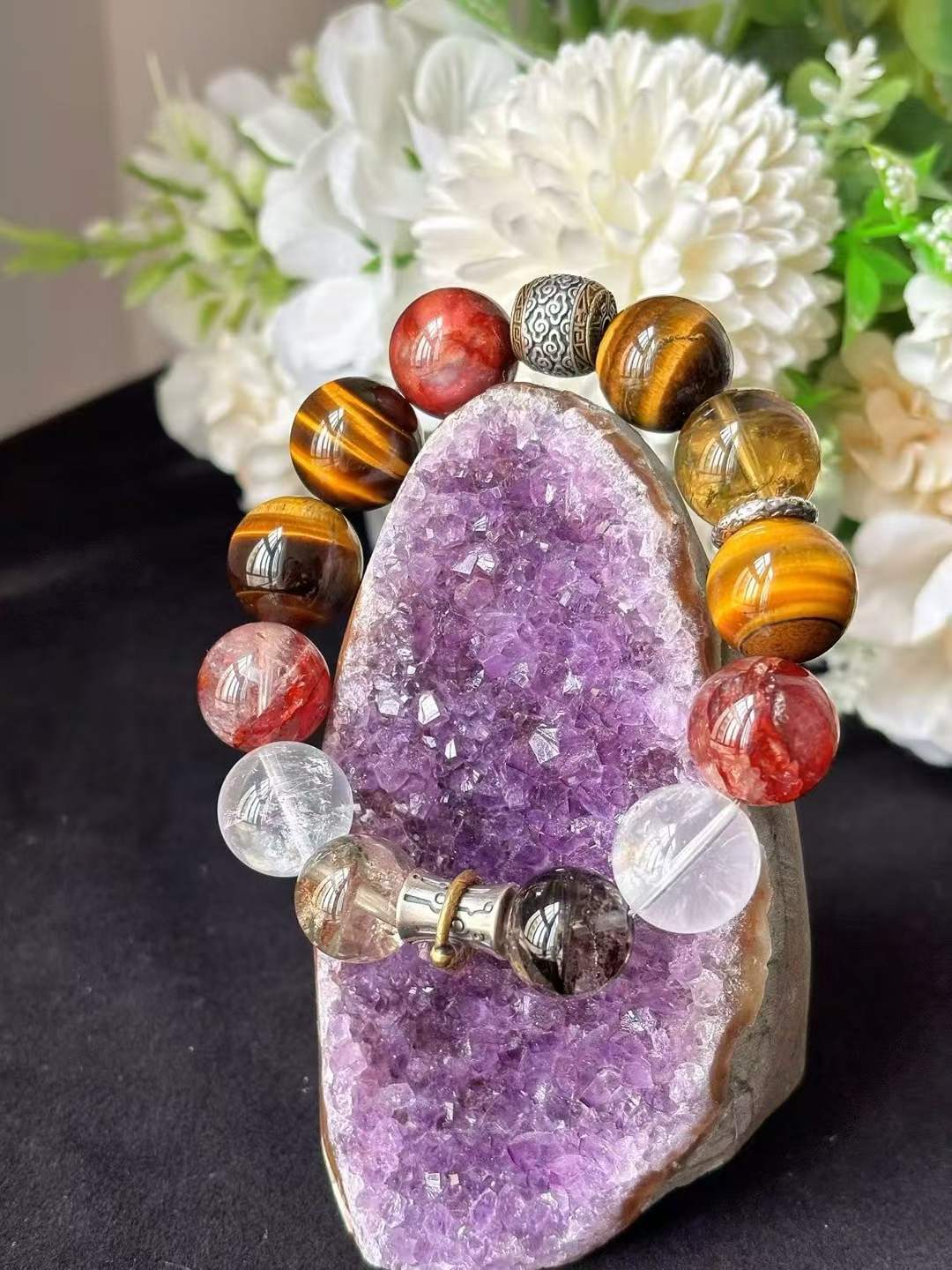 Metal · Fire · Wood · Earth Element · Turning Fortune Crystal Bracelet · Green Phantom Quartz, Citrine & Red Flower Agate for Wealth, Career Success & Protection