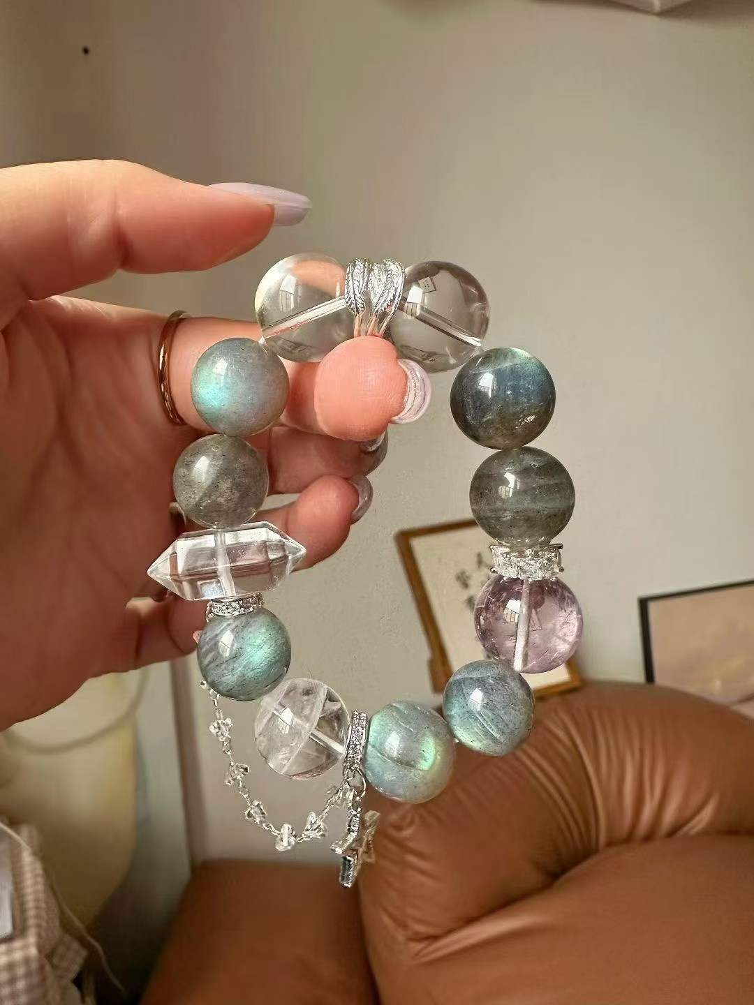 Metal · Fire · Water Element · Lake Aura Crystal Bracelet · Grey Moonstone, Bolivian Amethyst & Clear Quartz for Attraction, Clarity & Energy Cleansing
