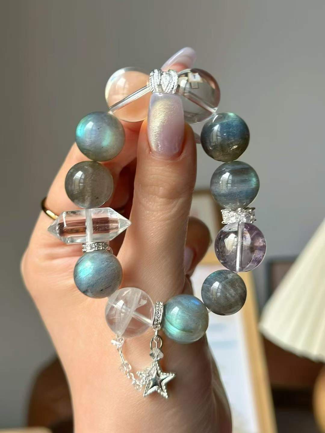 Metal · Fire · Water Element · Lake Aura Crystal Bracelet · Grey Moonstone, Bolivian Amethyst & Clear Quartz for Attraction, Clarity & Energy Cleansing