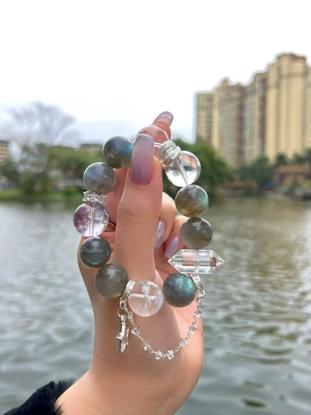 Metal · Fire · Water Element · Lake Aura Crystal Bracelet · Grey Moonstone, Bolivian Amethyst & Clear Quartz for Attraction, Clarity & Energy Cleansing