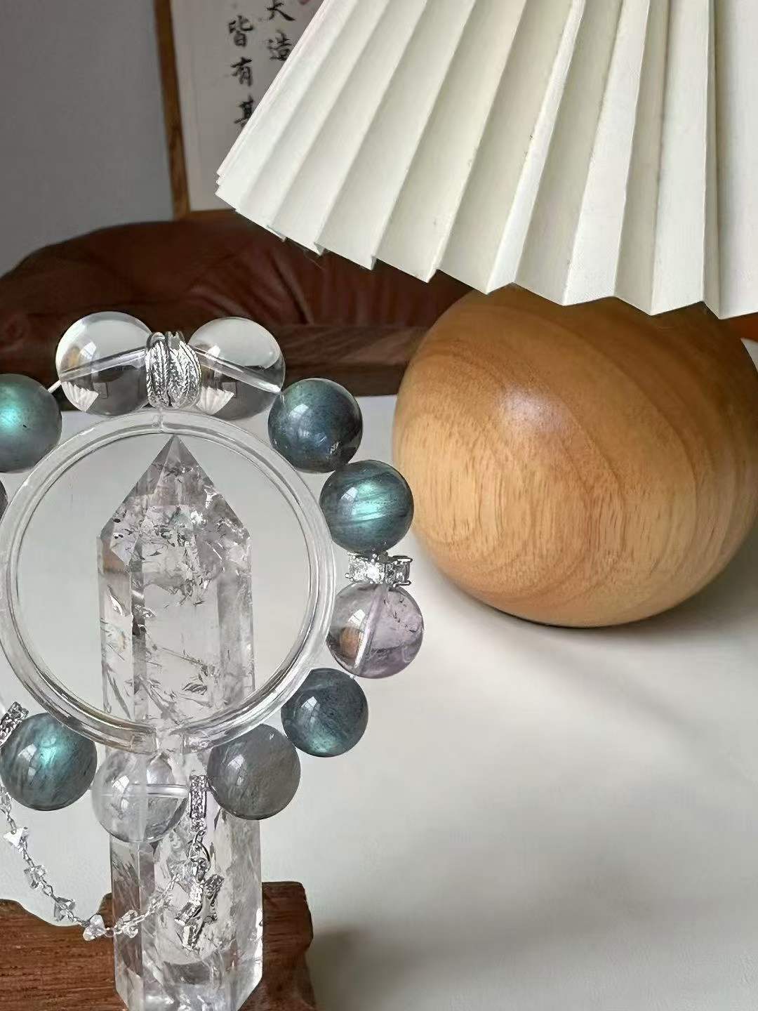 Metal · Fire · Water Element · Lake Aura Crystal Bracelet · Grey Moonstone, Bolivian Amethyst & Clear Quartz for Attraction, Clarity & Energy Cleansing