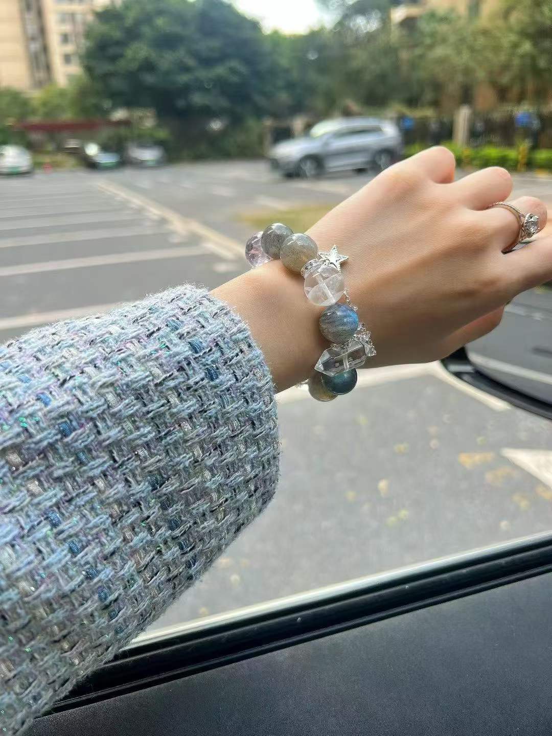 Metal · Fire · Water Element · Lake Aura Crystal Bracelet · Grey Moonstone, Bolivian Amethyst & Clear Quartz for Attraction, Clarity & Energy Cleansing