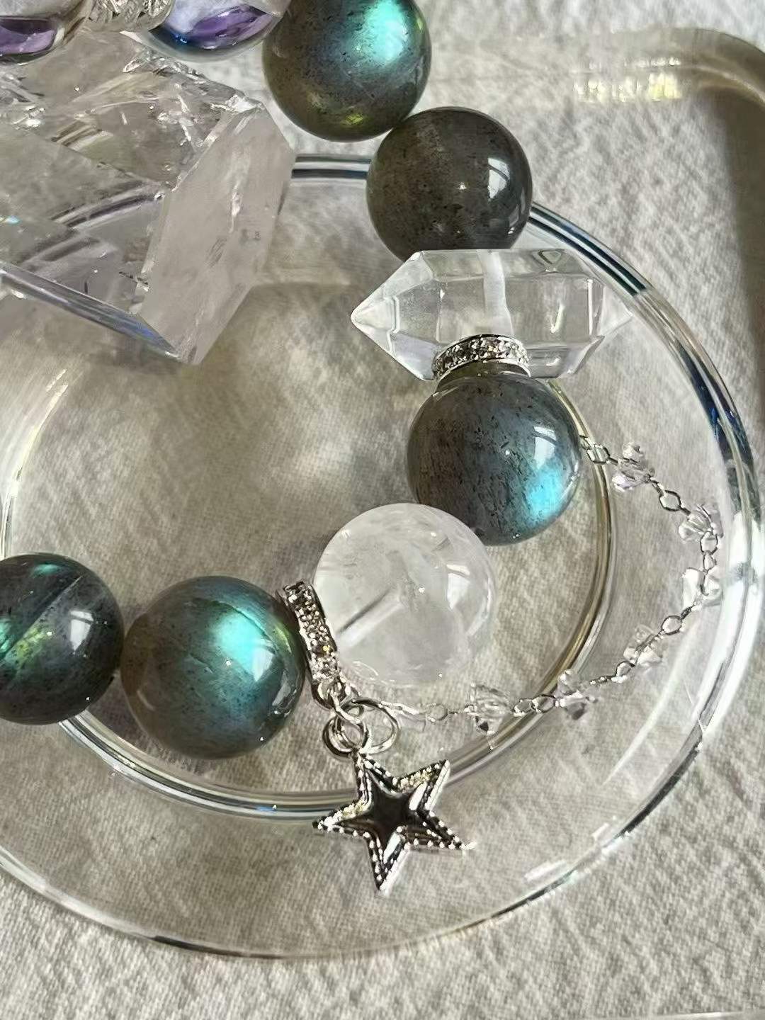 Metal · Fire · Water Element · Lake Aura Crystal Bracelet · Grey Moonstone, Bolivian Amethyst & Clear Quartz for Attraction, Clarity & Energy Cleansing