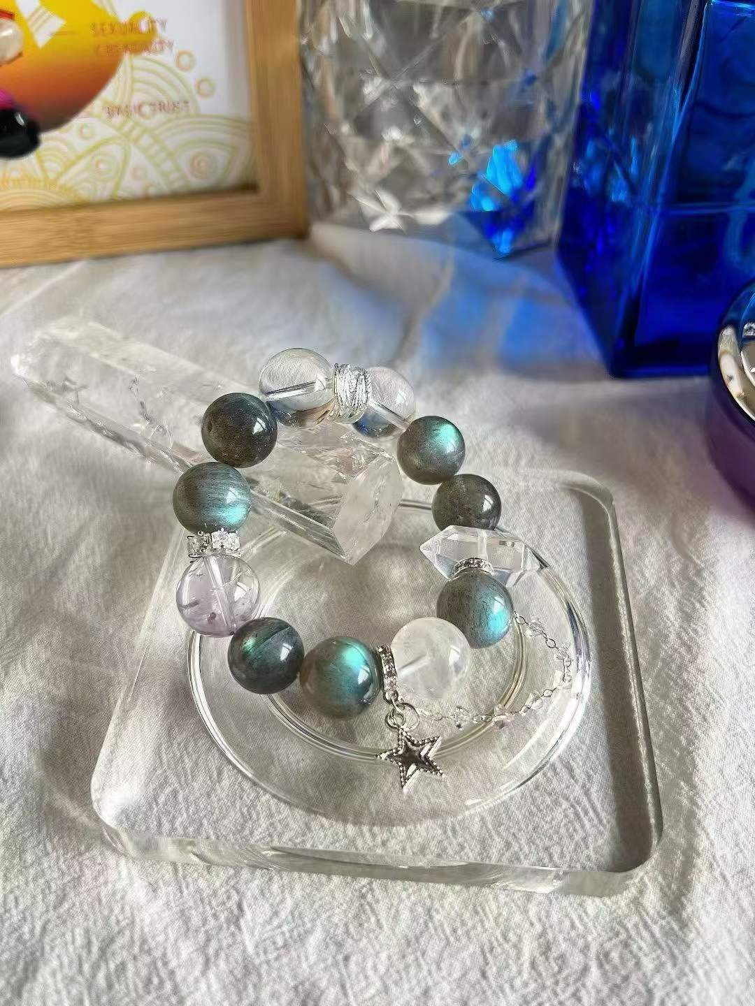 Metal · Fire · Water Element · Lake Aura Crystal Bracelet · Grey Moonstone, Bolivian Amethyst & Clear Quartz for Attraction, Clarity & Energy Cleansing