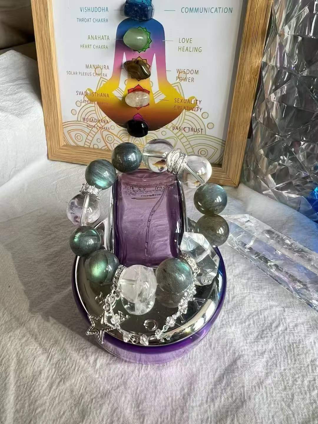 Metal · Fire · Water Element · Lake Aura Crystal Bracelet · Grey Moonstone, Bolivian Amethyst & Clear Quartz for Attraction, Clarity & Energy Cleansing