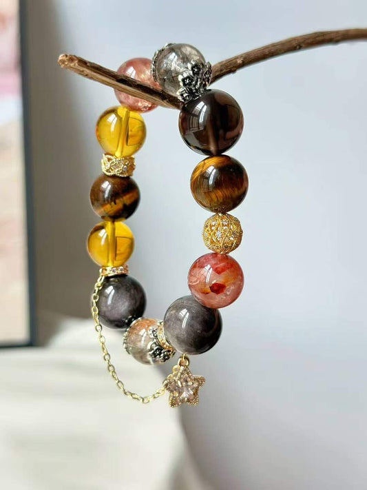 Water · Earth · Fire Element · Eight Directions Gold Dominator Crystal Bracelet · Double Super Seven, Citrine & Red Flower Agate for Wealth, Leadership & Career Success
