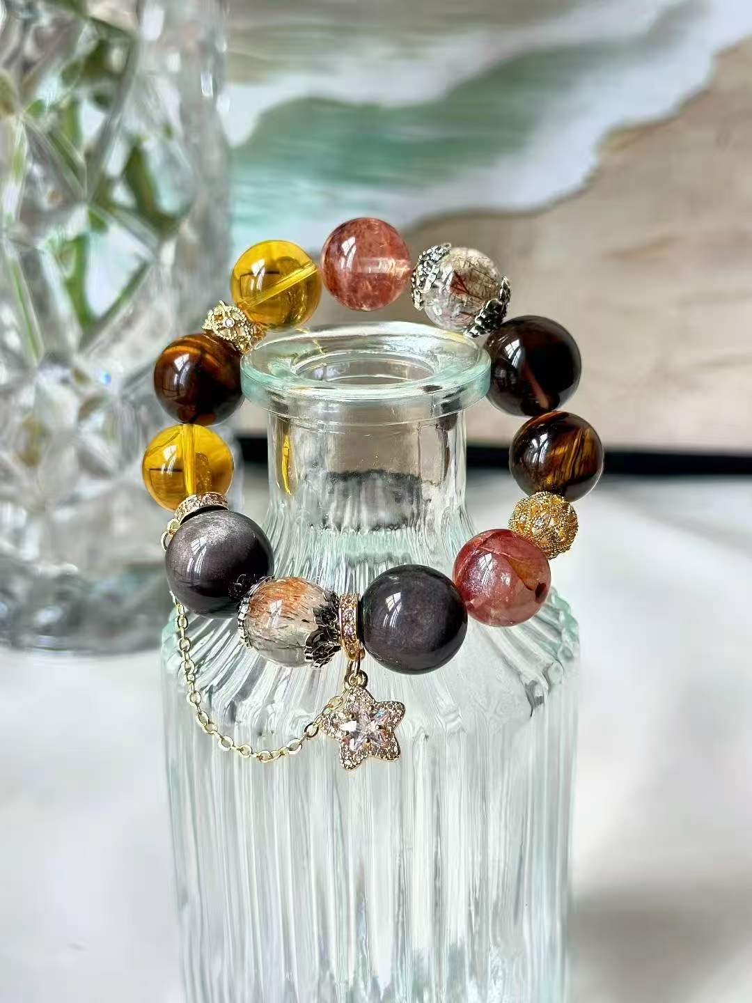 Water · Earth · Fire Element · Eight Directions Gold Dominator Crystal Bracelet · Double Super Seven, Citrine & Red Flower Agate for Wealth, Leadership & Career Success