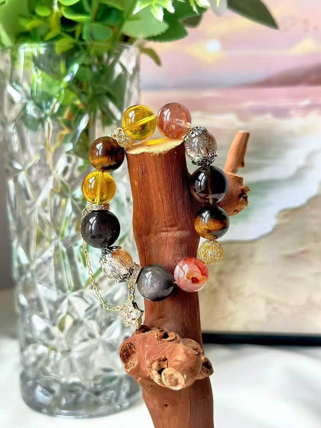 Water · Earth · Fire Element · Eight Directions Gold Dominator Crystal Bracelet · Double Super Seven, Citrine & Red Flower Agate for Wealth, Leadership & Career Success