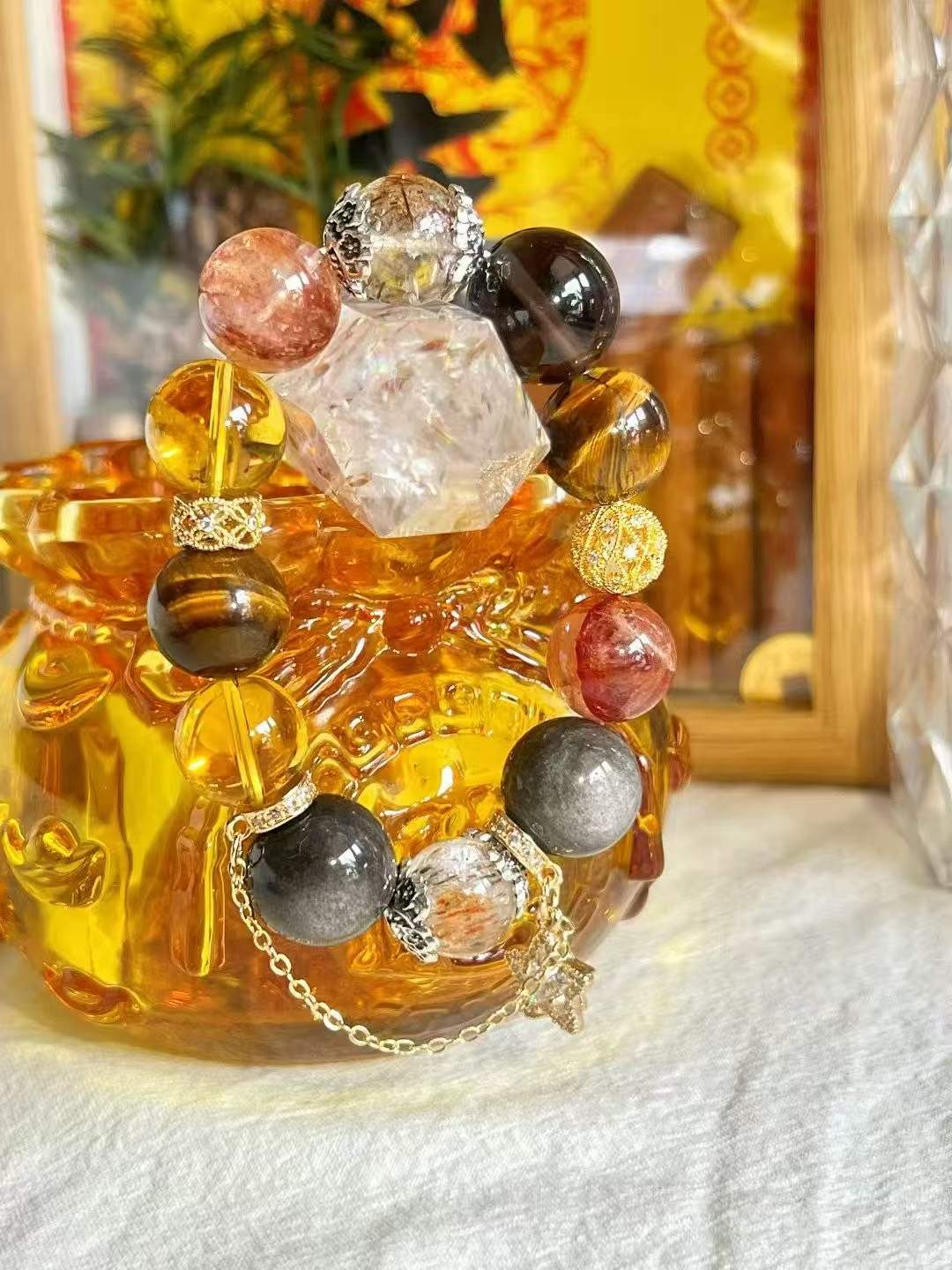 Water · Earth · Fire Element · Eight Directions Gold Dominator Crystal Bracelet · Double Super Seven, Citrine & Red Flower Agate for Wealth, Leadership & Career Success