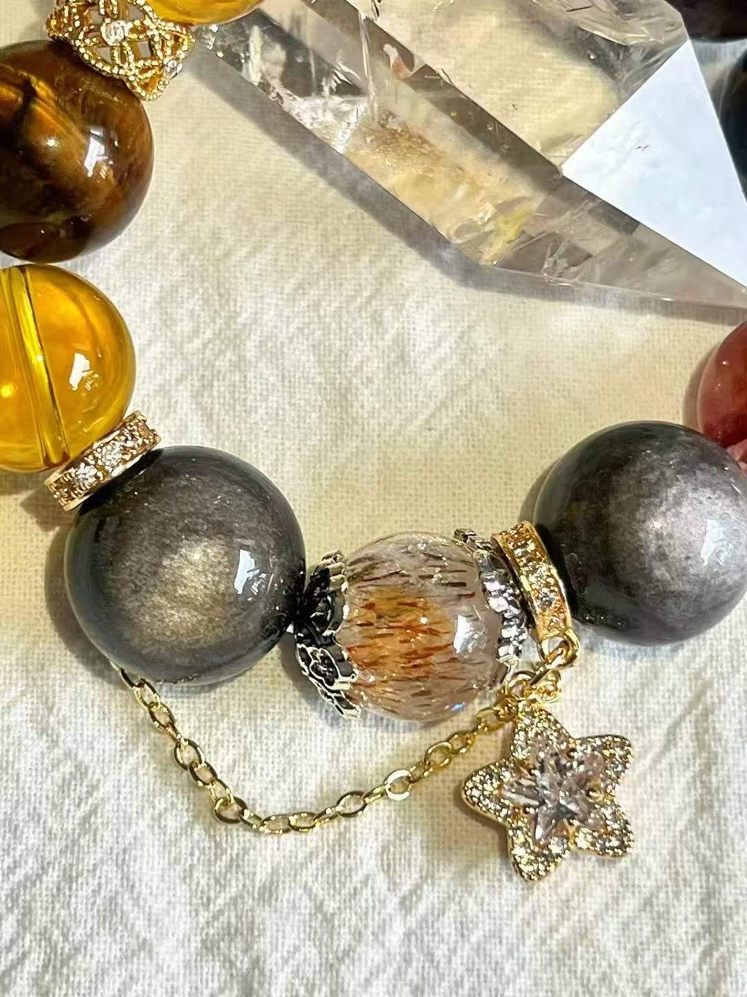 Water · Earth · Fire Element · Eight Directions Gold Dominator Crystal Bracelet · Double Super Seven, Citrine & Red Flower Agate for Wealth, Leadership & Career Success