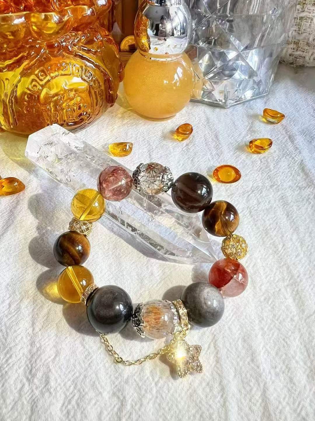 Water · Earth · Fire Element · Eight Directions Gold Dominator Crystal Bracelet · Double Super Seven, Citrine & Red Flower Agate for Wealth, Leadership & Career Success
