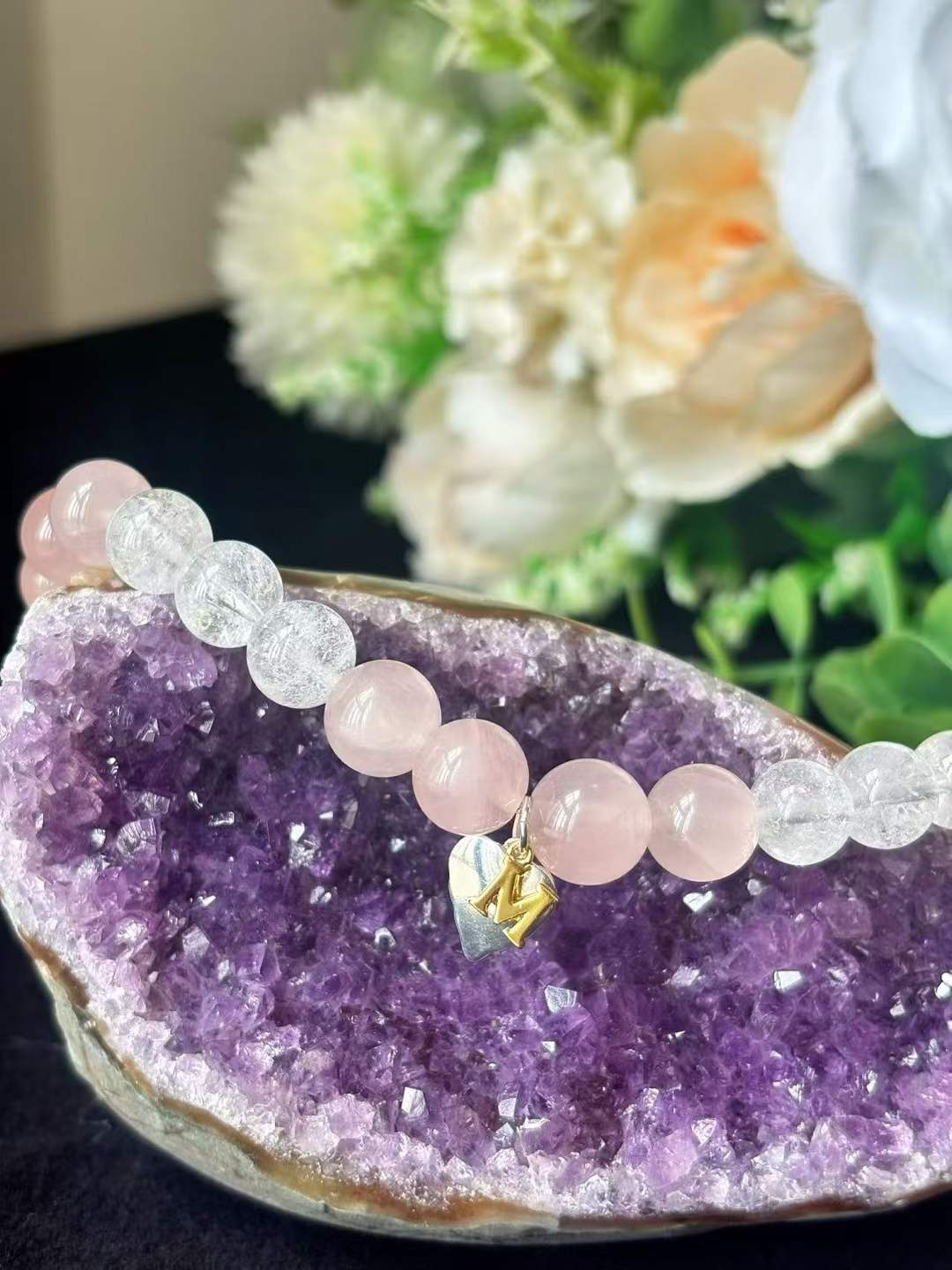 Metal · Fire Element · Love Blossom Crystal Necklace · White Azeztulite & Rose Quartz for Love, Intuition & Manifestation