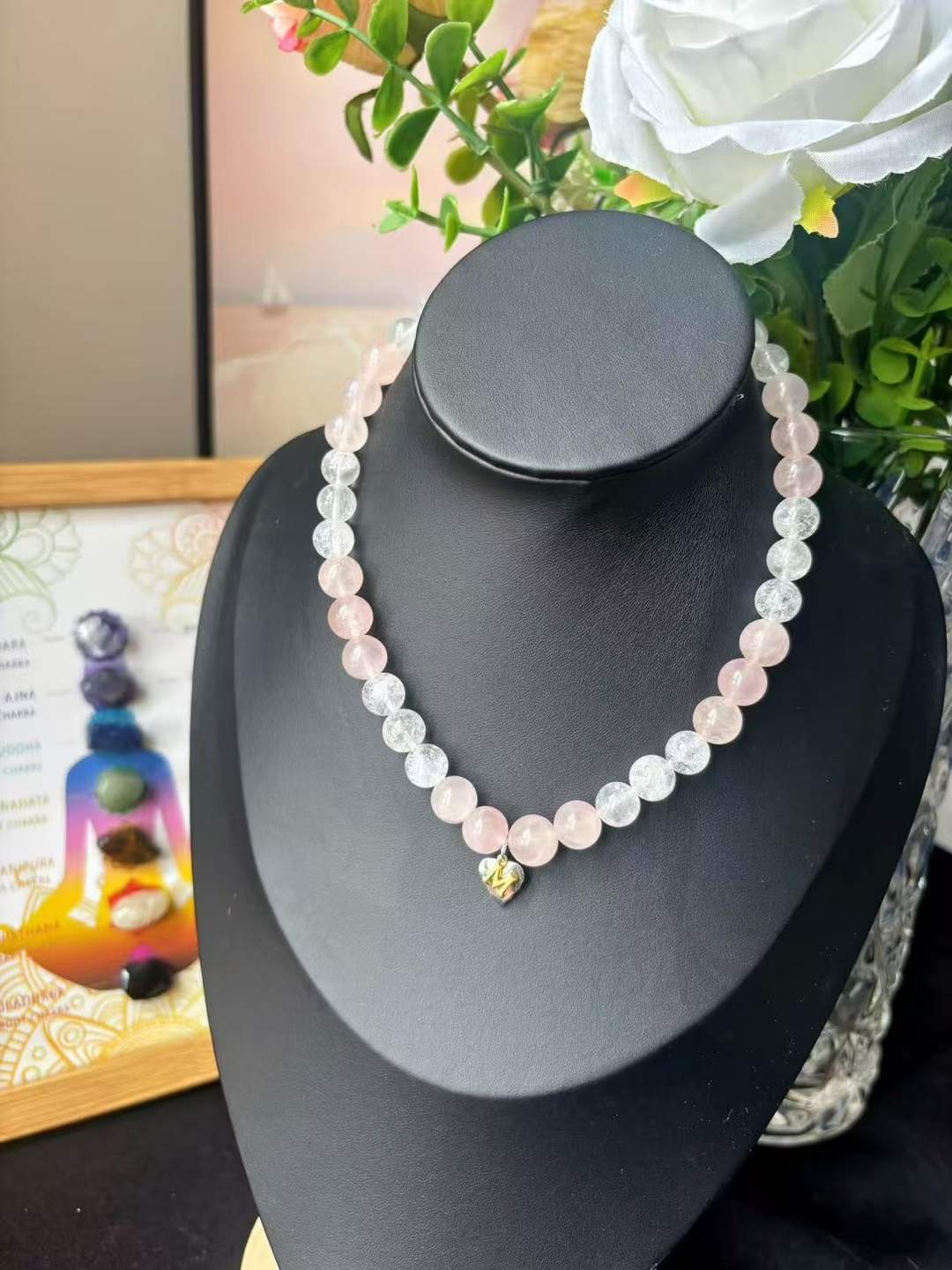 Metal · Fire Element · Love Blossom Crystal Necklace · White Azeztulite & Rose Quartz for Love, Intuition & Manifestation