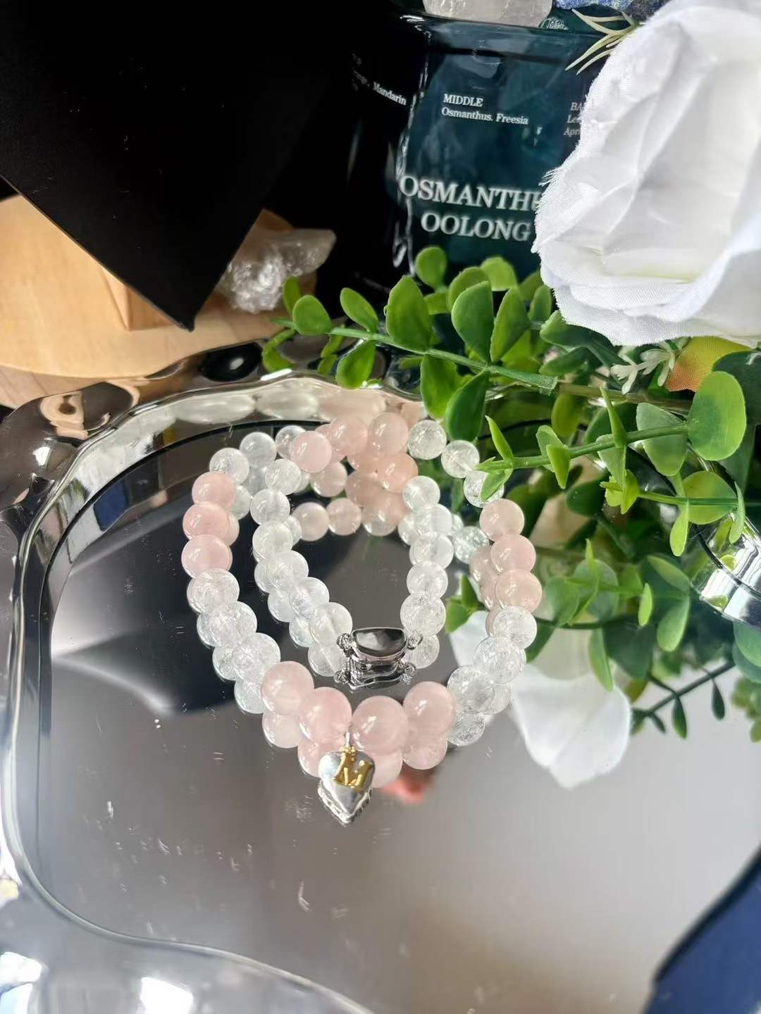 Metal · Fire Element · Heart Peach Crystal Necklace · Pink Quartz & White Azeztulite for Love, Attraction, Intuition & Personal Charm