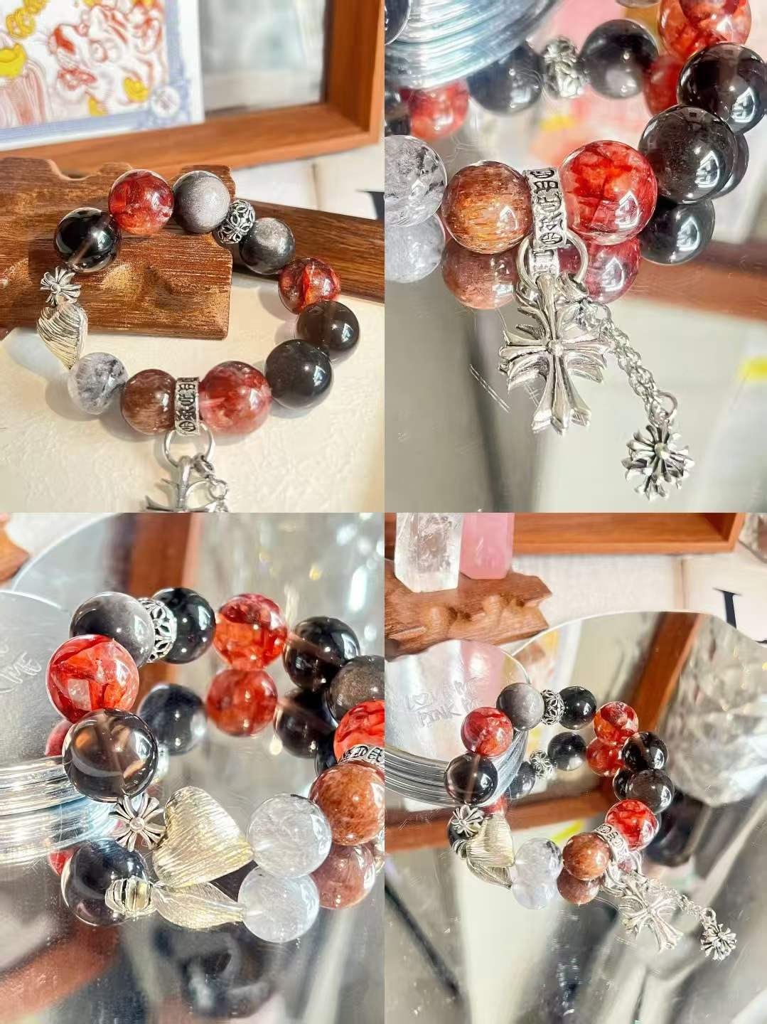 Fire · Earth · Water Element · Ember Night Rose Crystal Bracelet · Red Flower Agate, Super Seven & Phantom Quartz for Prosperity, Protection & Personal Power
