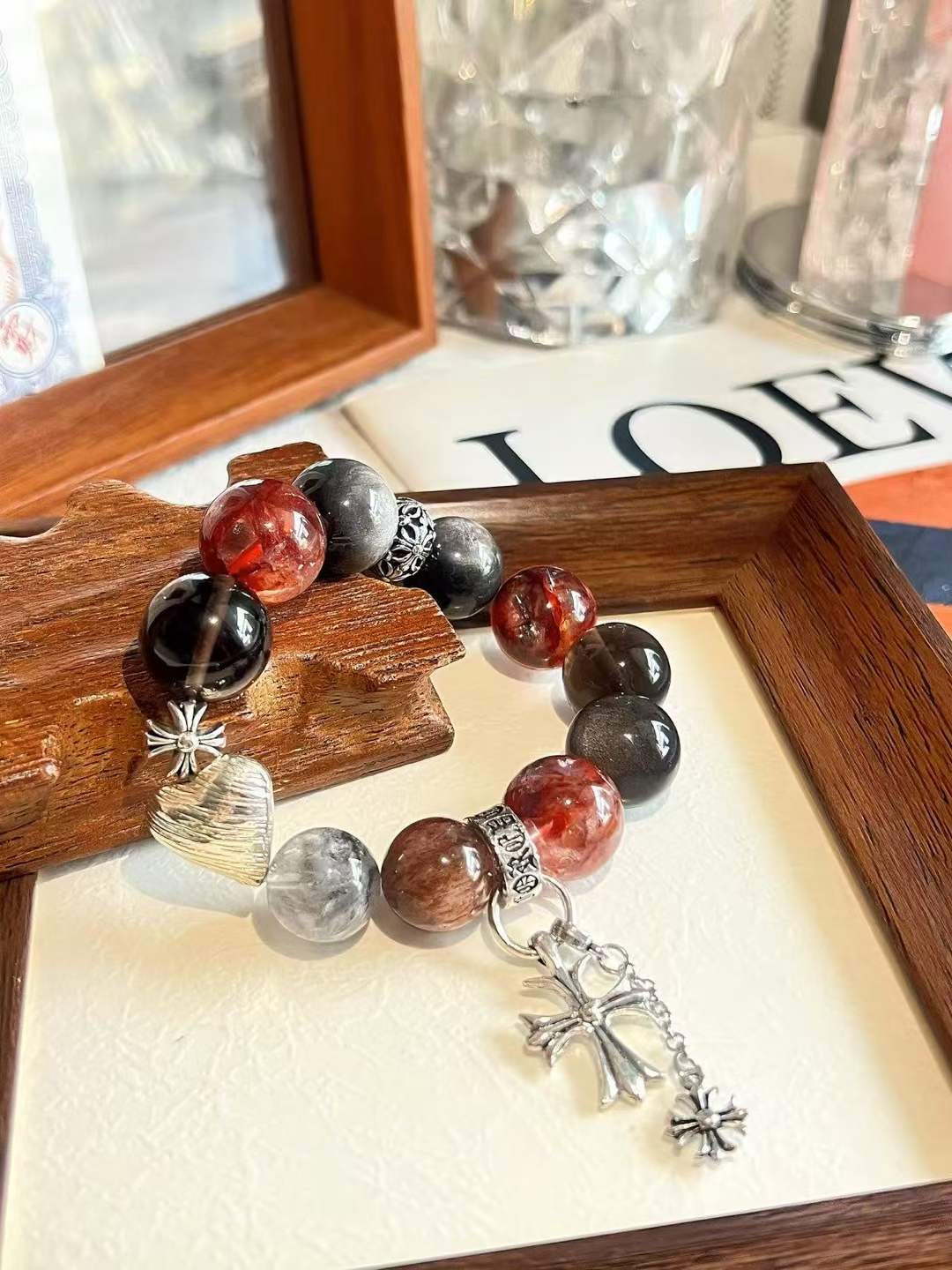 Fire · Earth · Water Element · Ember Night Rose Crystal Bracelet · Red Flower Agate, Super Seven & Phantom Quartz for Prosperity, Protection & Personal Power