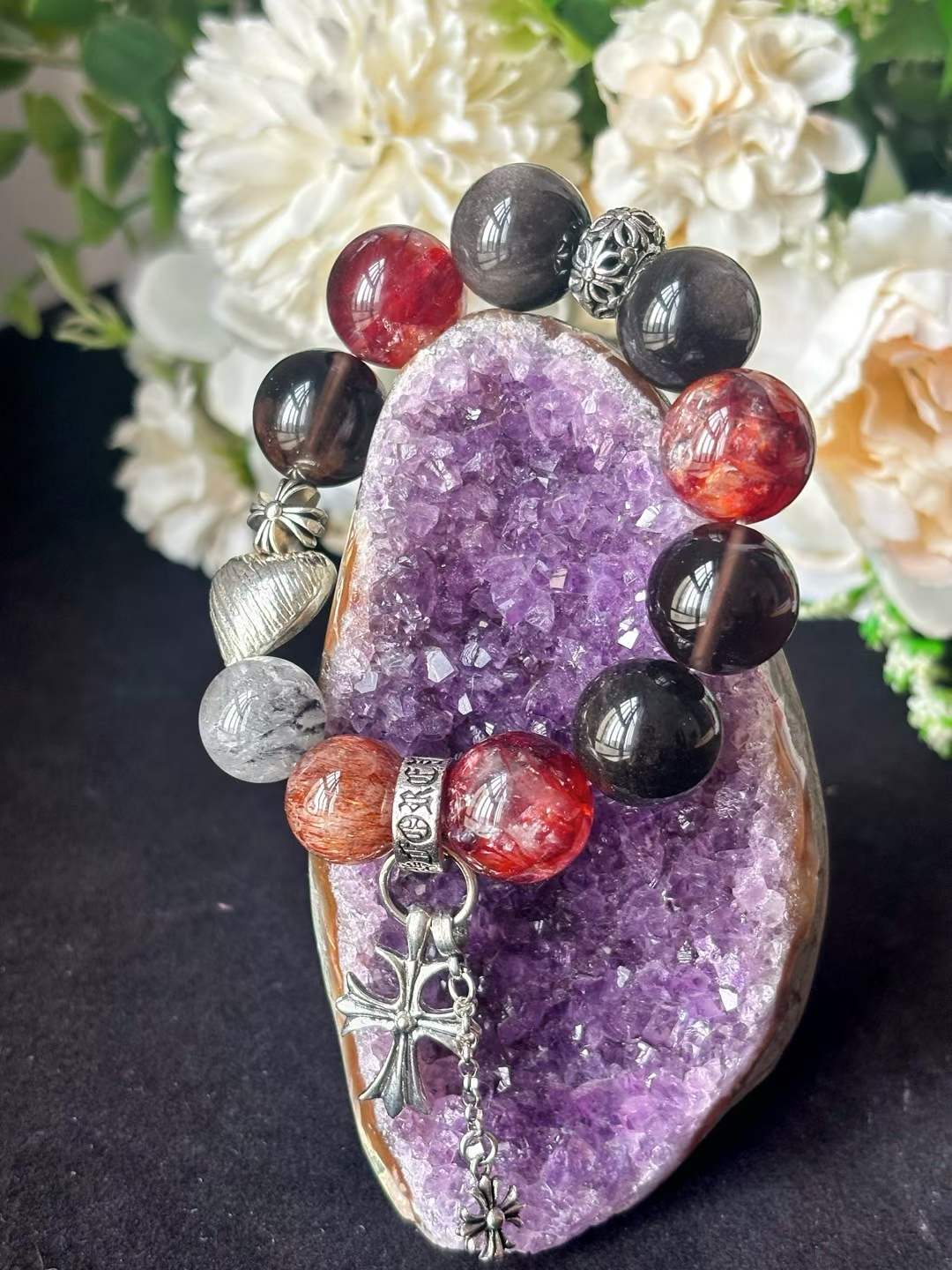 Fire · Earth · Water Element · Ember Night Rose Crystal Bracelet · Red Flower Agate, Super Seven & Phantom Quartz for Prosperity, Protection & Personal Power