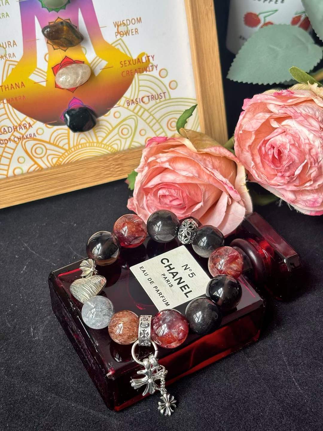 Fire · Earth · Water Element · Ember Night Rose Crystal Bracelet · Red Flower Agate, Super Seven & Phantom Quartz for Prosperity, Protection & Personal Power