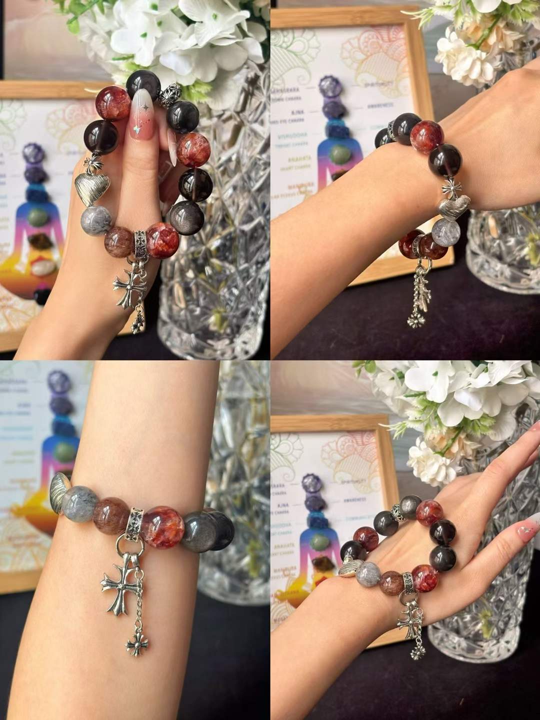 Fire · Earth · Water Element · Ember Night Rose Crystal Bracelet · Red Flower Agate, Super Seven & Phantom Quartz for Prosperity, Protection & Personal Power