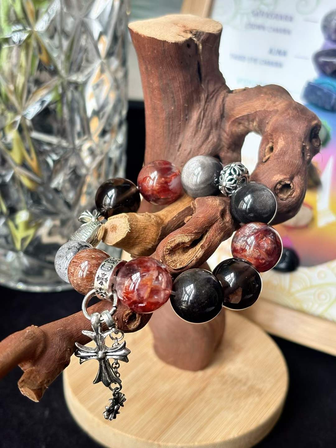 Fire · Earth · Water Element · Ember Night Rose Crystal Bracelet · Red Flower Agate, Super Seven & Phantom Quartz for Prosperity, Protection & Personal Power