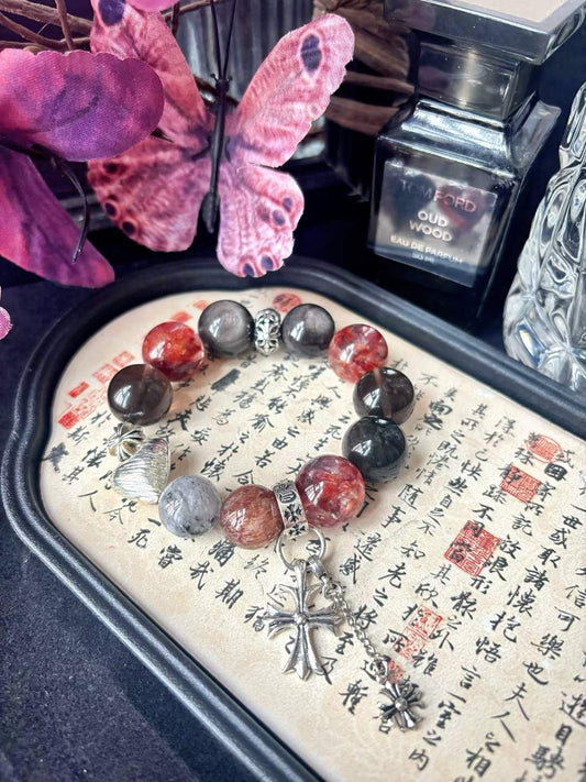 Fire · Earth · Water Element · Ember Night Rose Crystal Bracelet · Red Flower Agate, Super Seven & Phantom Quartz for Prosperity, Protection & Personal Power