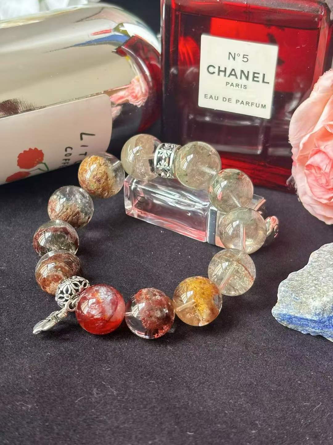 Wood · Fire Element · Mountain Pine Red Maple Crystal Bracelet · Four Seasons Phantom Quartz & Red Flower Agate for Prosperity, Career Growth & Positive Energy