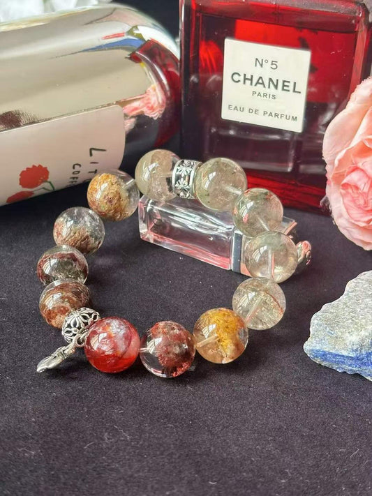 Wood · Fire Element · Mountain Pine Red Maple Crystal Bracelet · Four Seasons Phantom Quartz & Red Flower Agate for Prosperity, Career Growth & Positive Energy