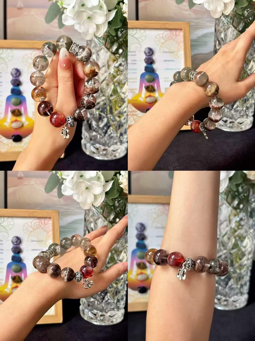 Wood · Fire Element · Mountain Pine Red Maple Crystal Bracelet · Four Seasons Phantom Quartz & Red Flower Agate for Prosperity, Career Growth & Positive Energy