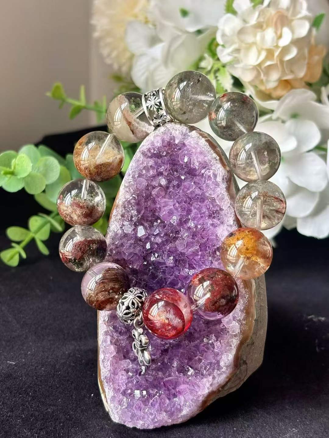 Wood · Fire Element · Mountain Pine Red Maple Crystal Bracelet · Four Seasons Phantom Quartz & Red Flower Agate for Prosperity, Career Growth & Positive Energy