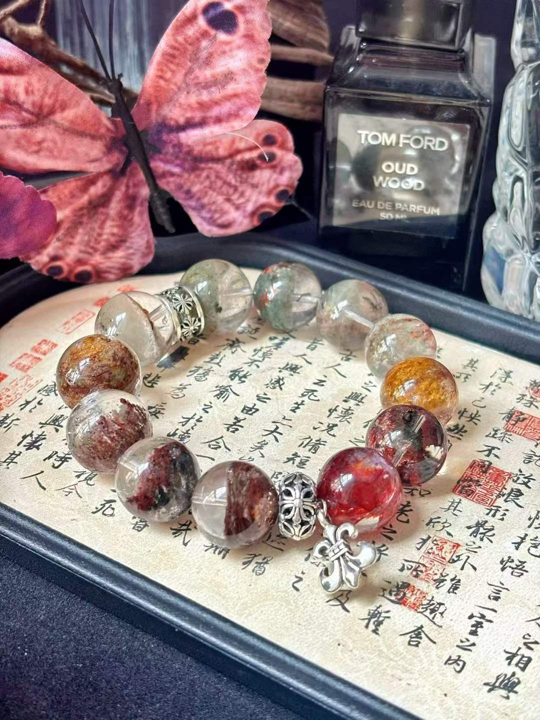 Wood · Fire Element · Mountain Pine Red Maple Crystal Bracelet · Four Seasons Phantom Quartz & Red Flower Agate for Prosperity, Career Growth & Positive Energy