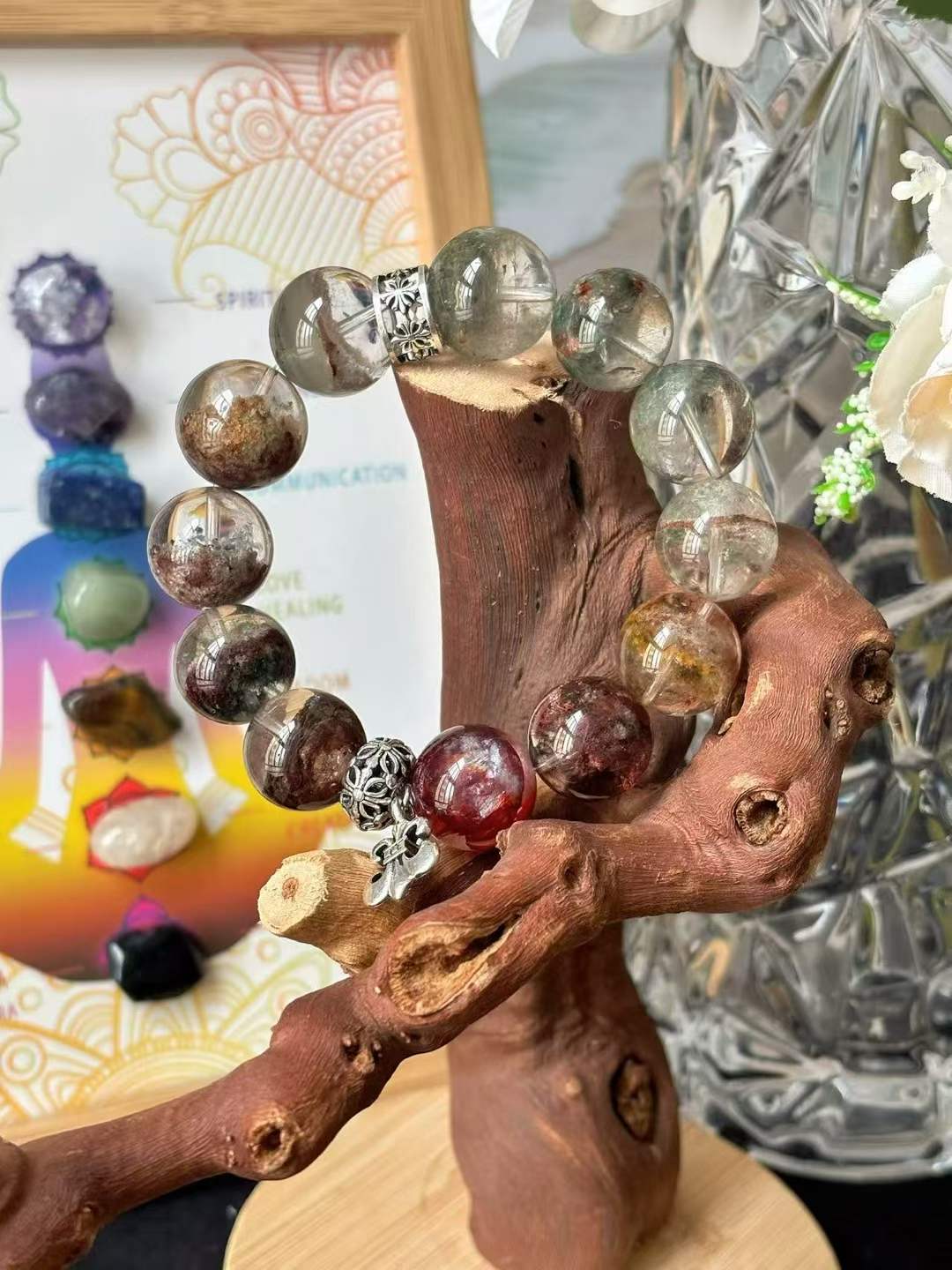 Wood · Fire Element · Mountain Pine Red Maple Crystal Bracelet · Four Seasons Phantom Quartz & Red Flower Agate for Prosperity, Career Growth & Positive Energy