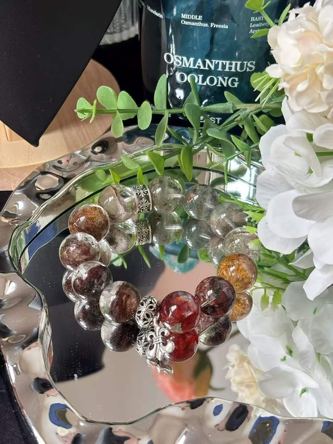 Wood · Fire Element · Mountain Pine Red Maple Crystal Bracelet · Four Seasons Phantom Quartz & Red Flower Agate for Prosperity, Career Growth & Positive Energy